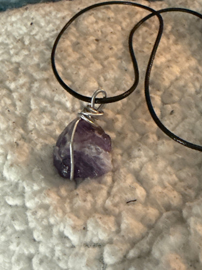 Amethyst Gemstone Necklace with Stainless Steel and Leather