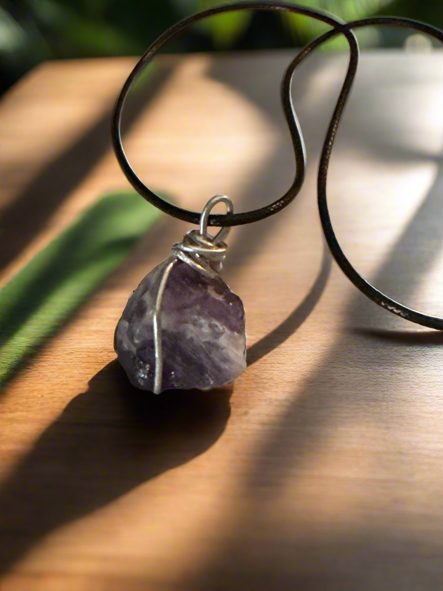 Amethyst Gemstone Necklace with Stainless Steel and Leather