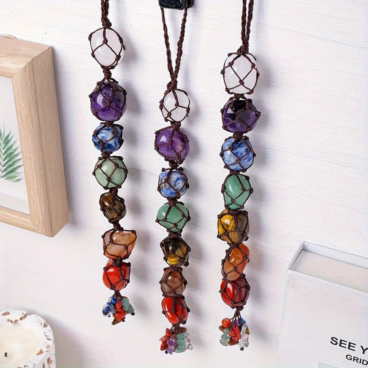 Natural crystal seven color rolling stone car hanging hand woven energy stone shaped mesh bag pendant