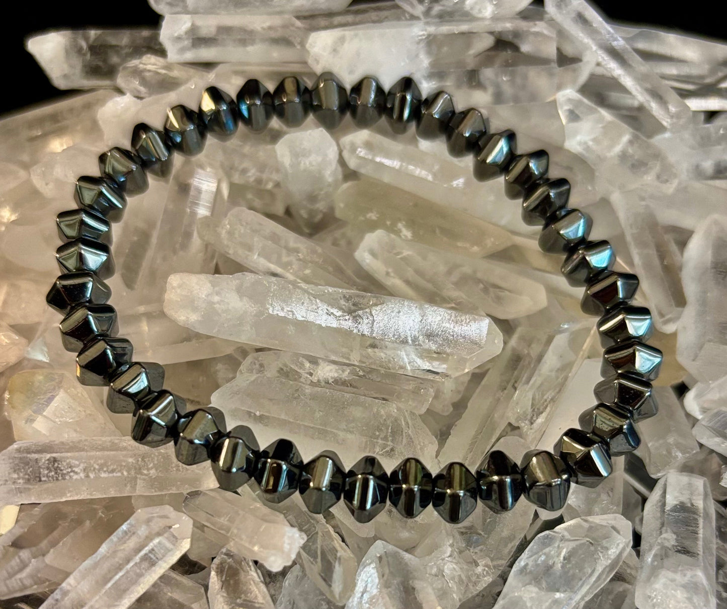 Faceted Hematite Geometric Beaded Bracelet – Strength & Style for Medium to Large Wrists