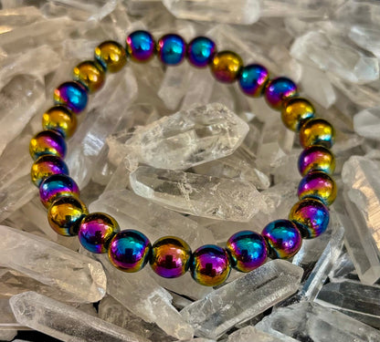Rainbow Hematite Round Beaded Bracelet – Pride & Strength for Medium to Large Wrists