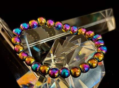 Rainbow Hematite Round Beaded Bracelet – Pride & Strength for Medium to Large Wrists