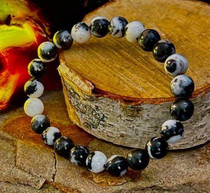 ⚫⚪ Zebra Stone Bracelet – 8mm Beads, Medium Wrists