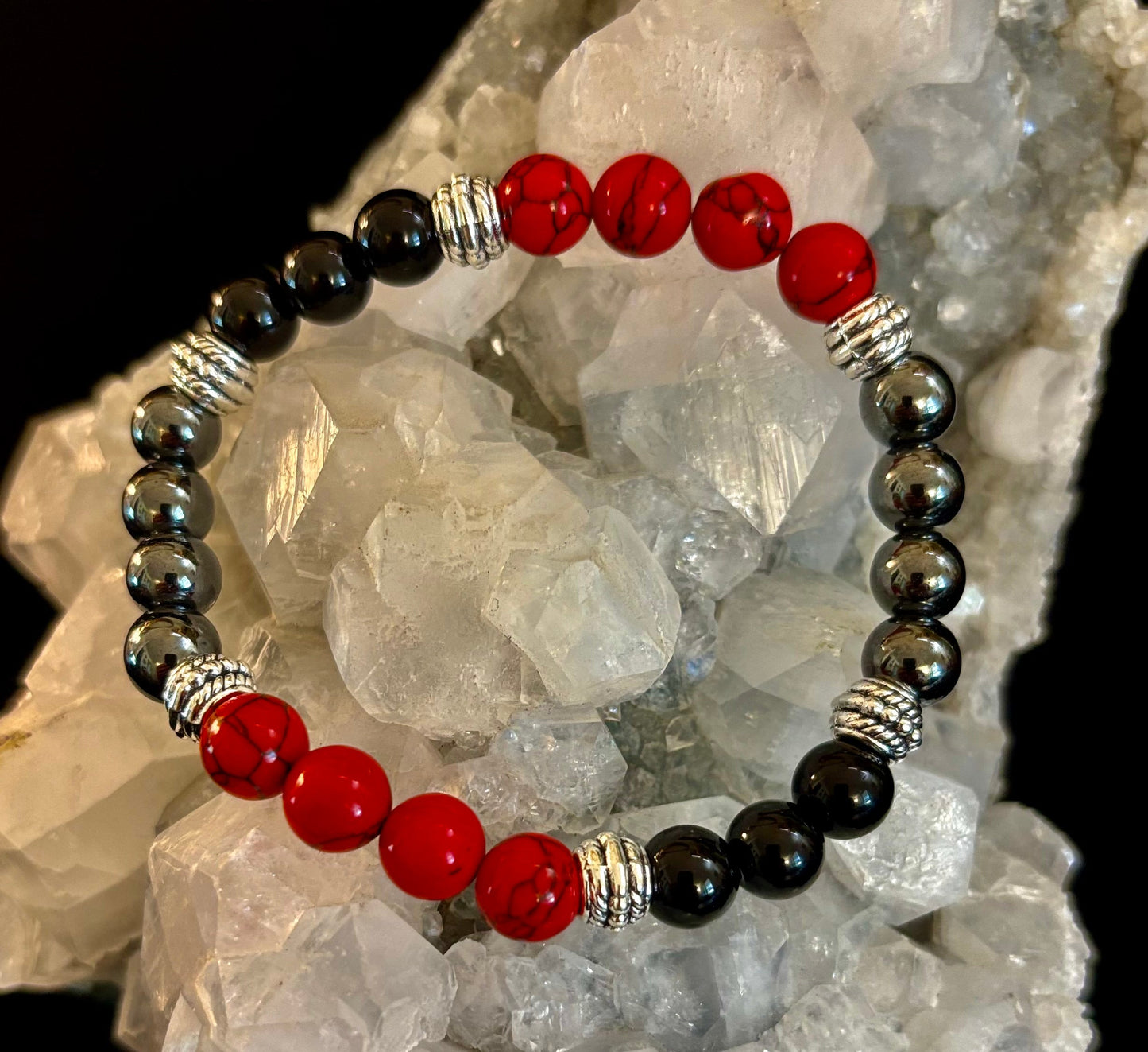 🖤❤️ Natural Stone Beaded Bracelet – 8mm Retro Unisex Design for Large Wrists