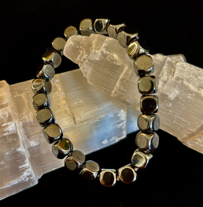 Hematite Cube Beaded Bracelet | Grounding Energy & Balance | Unisex 7.8mm Stretch Fit