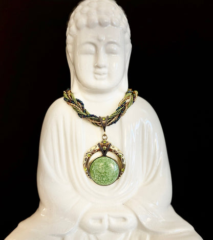 Bohemian Green Goddess Necklace | Handmade Vintage-Inspired Beaded Statement Pendant