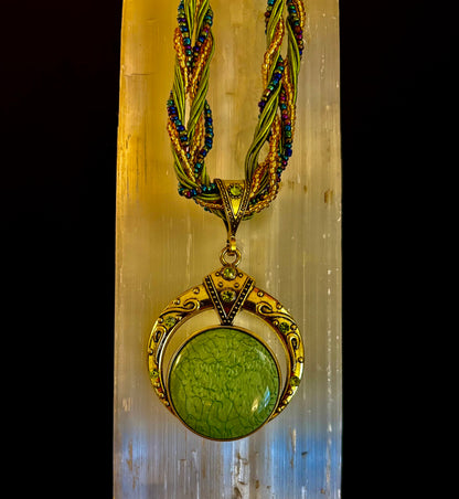 Bohemian Green Goddess Necklace | Handmade Vintage-Inspired Beaded Statement Pendant