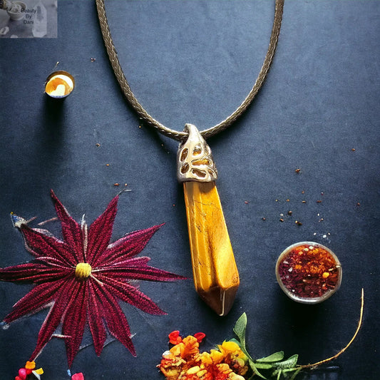 Tiger's Eye Necklace with Stainless Steel and Leather Cord