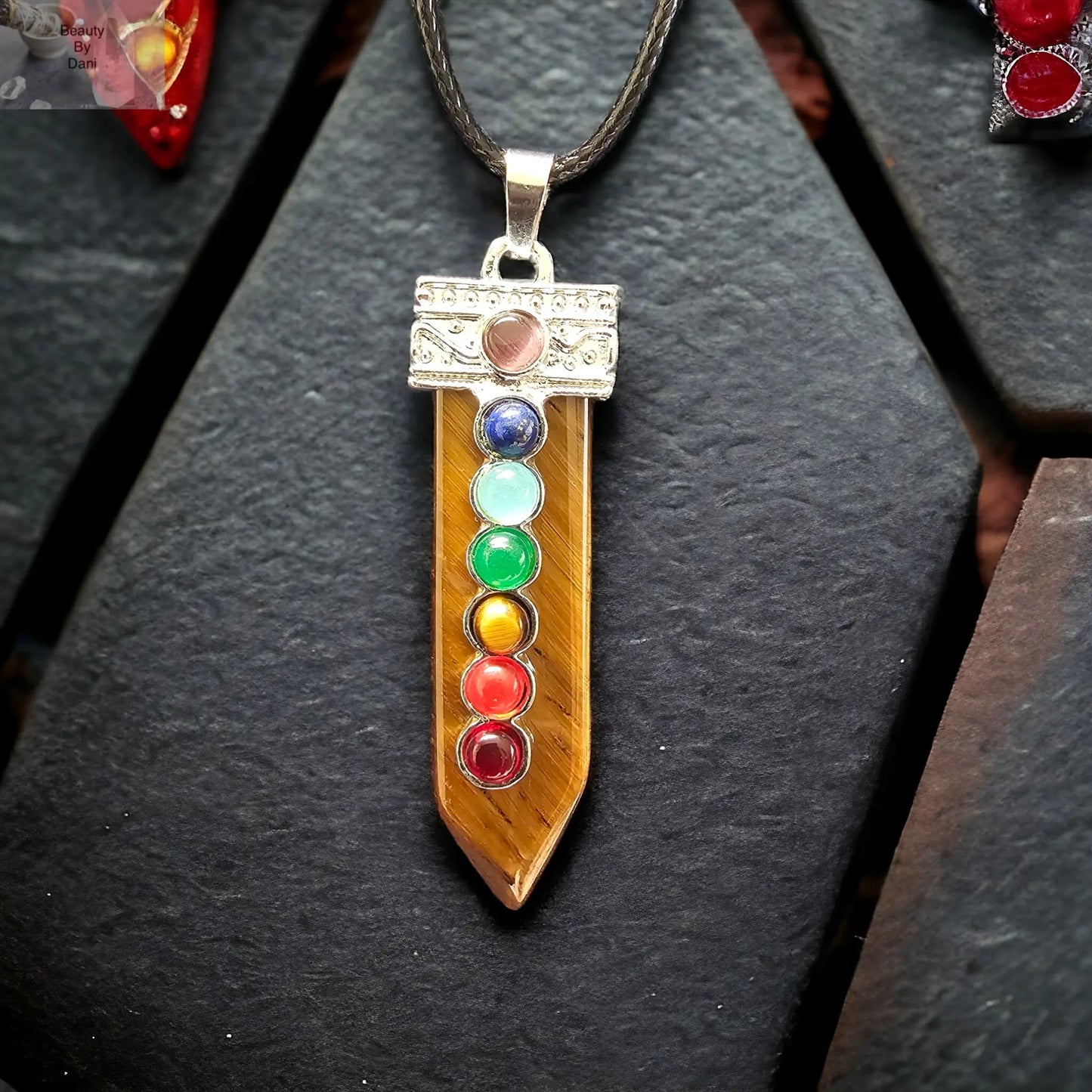 Tiger's Eye Chakra Necklace with Stainless Steel and Leather Cord