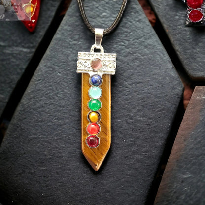 Tiger's Eye Chakra Necklace with Stainless Steel and Leather Cord