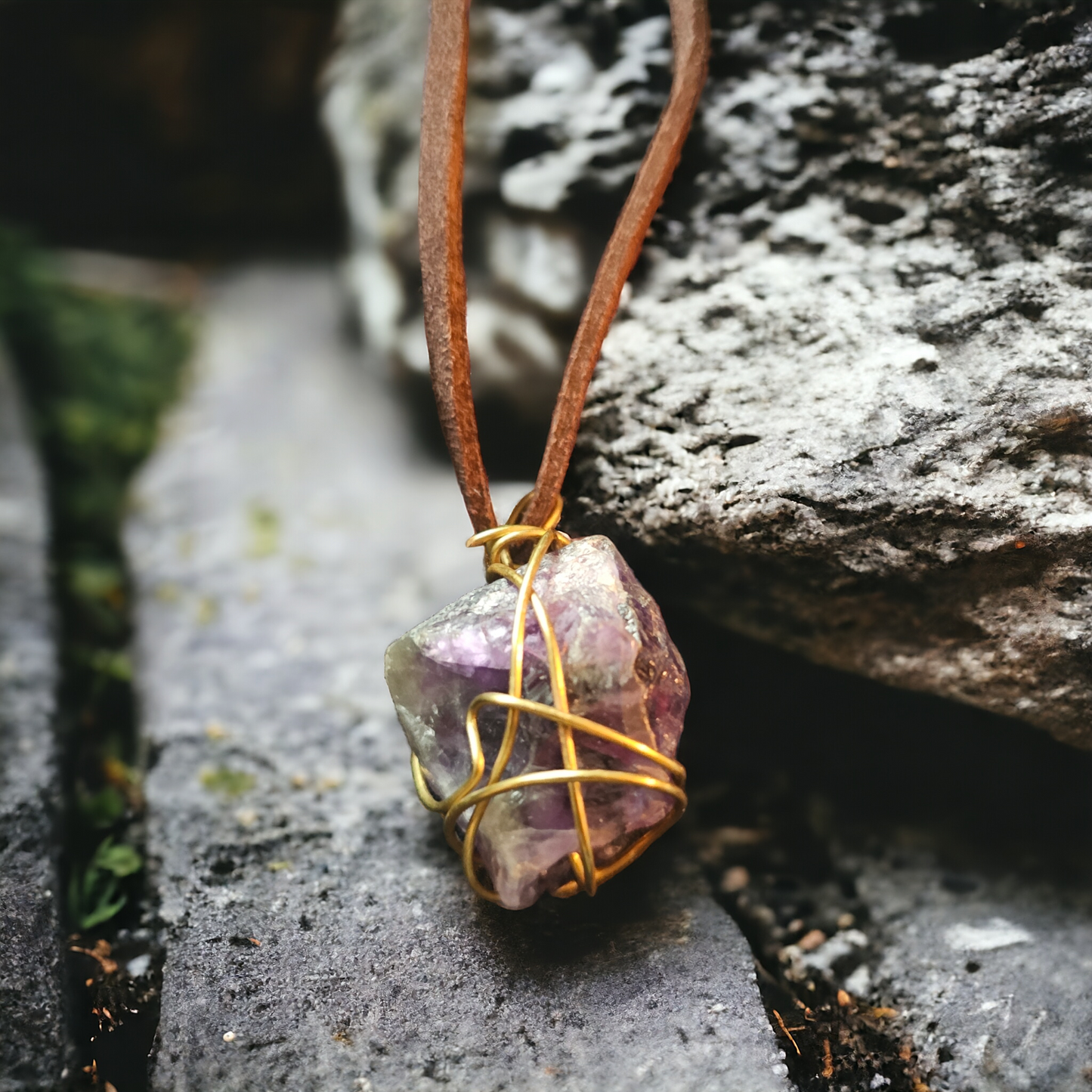 Amethyst Wrapped Necklace on Leather Cord
