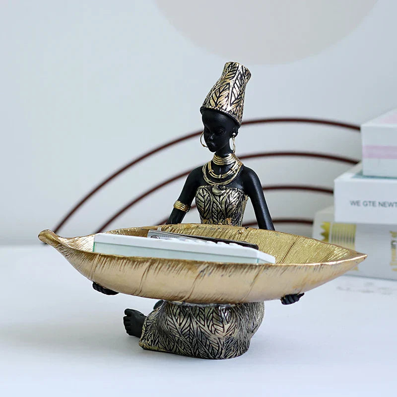 DecorBites™ Black Woman Resin Statue: Exotic Desktop Decor & Storage Container