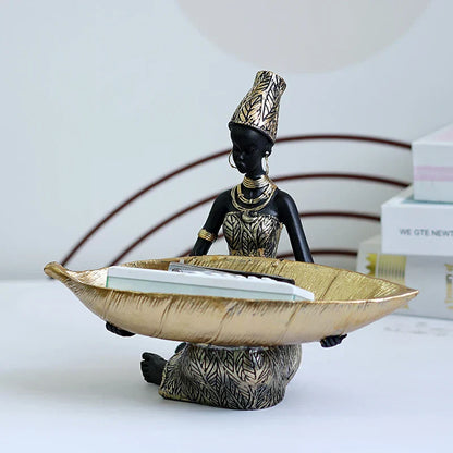 DecorBites™ Black Woman Resin Statue: Exotic Desktop Decor & Storage Container
