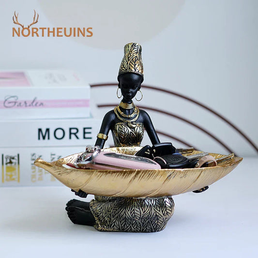 DecorBites™ Black Woman Resin Statue: Exotic Desktop Decor & Storage Container