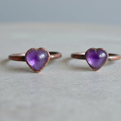 Heart Amethyst Ring — Handcrafted Copper Talisman for Calm, Clarity, and Focus