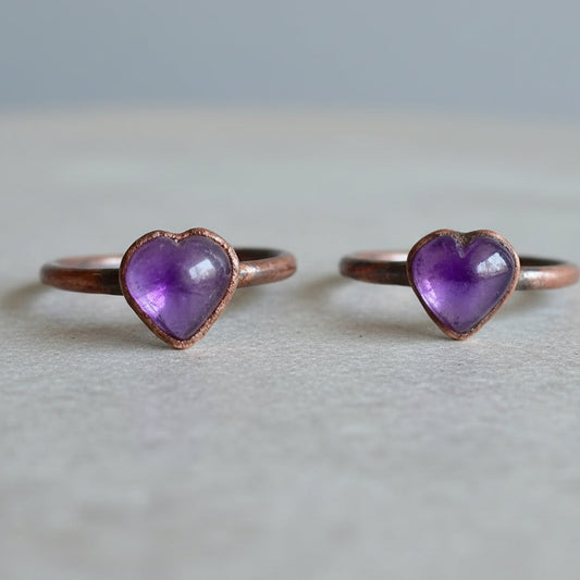 Heart Amethyst Ring — Handcrafted Copper Talisman for Calm, Clarity, and Focus