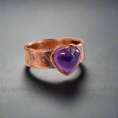 Heart Amethyst Ring - Handcrafted Copper Talisman for Calming Confidence