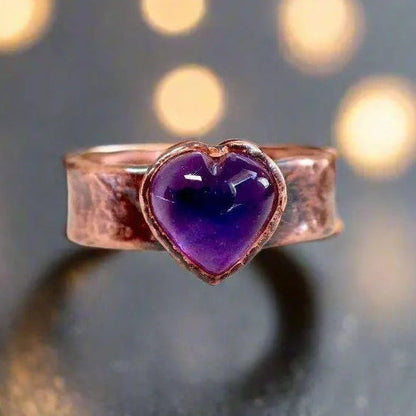 Heart Amethyst Ring - Handcrafted Copper Talisman for Calming Confidence