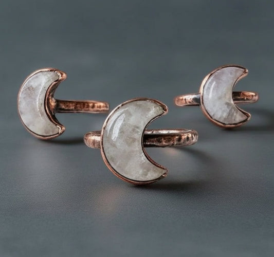 Kunzite Crystal Crescent Moon Shard Ring — Handcrafted Copper Talisman