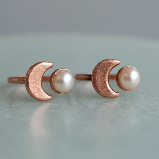 Crescent Moon Pearl Ring — Handcrafted Copper Crystal Jewelry for Calm