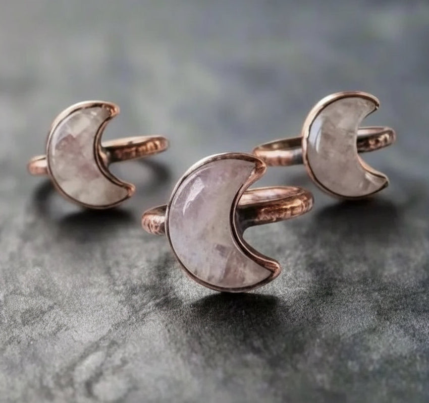 Kunzite Crystal Crescent Moon Shard Ring — Handcrafted Copper Talisman