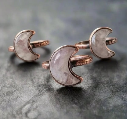 Kunzite Crystal Crescent Moon Shard Ring — Handcrafted Copper Talisman