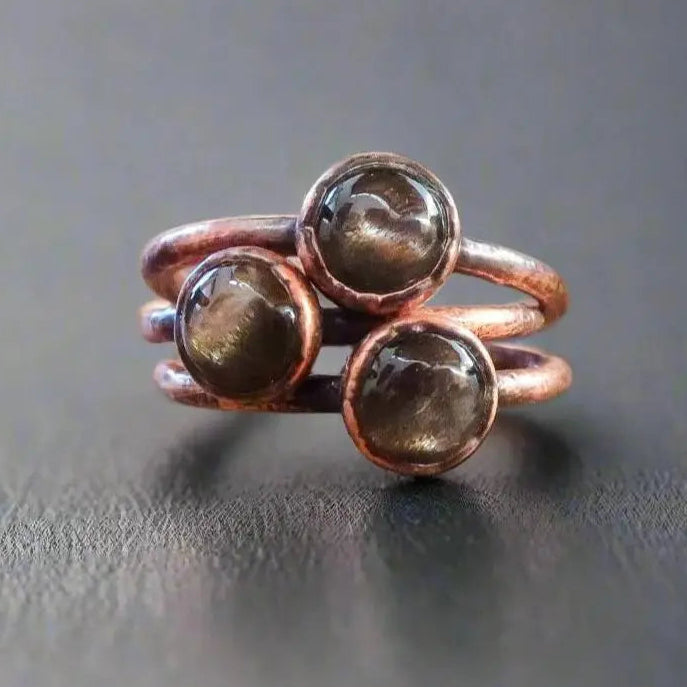 Black Moonstone Ring — Handcrafted Polished Copper Talisman for Intuition