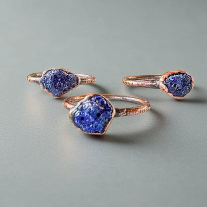 Raw Azurite Ring - Handcrafted Copper Talisman Jewelry for Daily Intuition