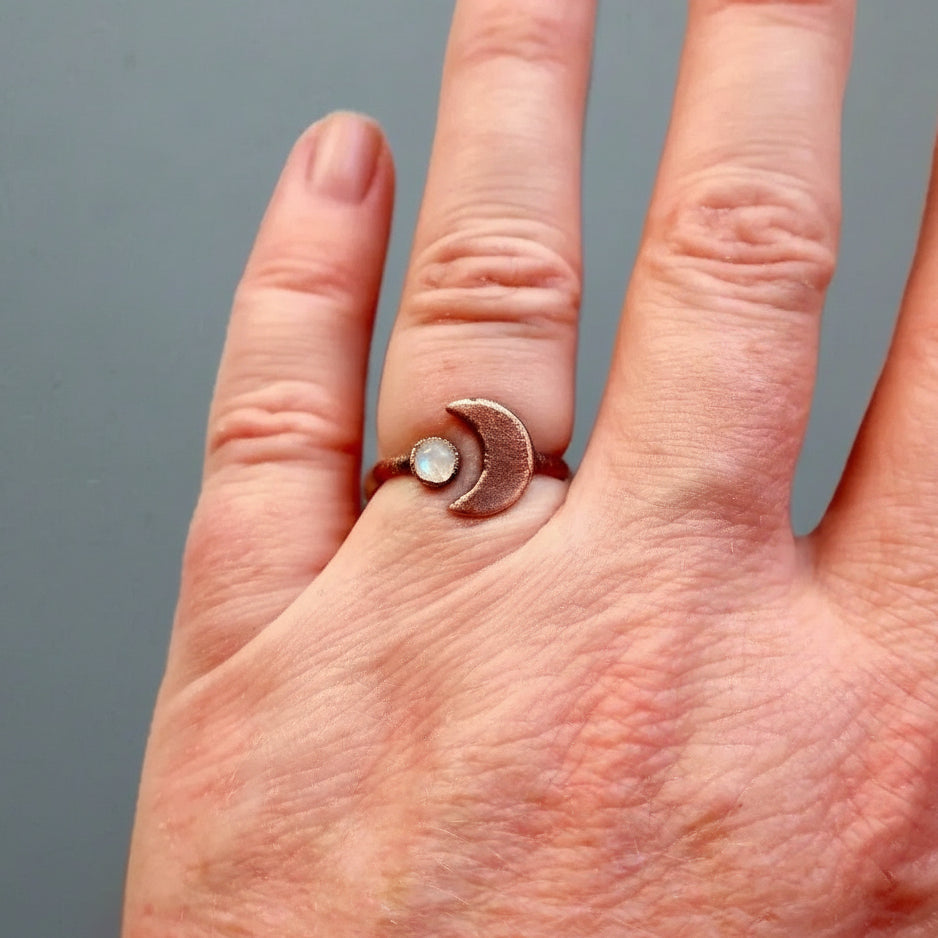 Crescent Moon Moonstone Ring Handcrafted Copper Talisman for Calm