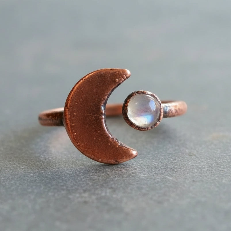 Crescent Moon Moonstone Ring Handcrafted Copper Talisman for Calm