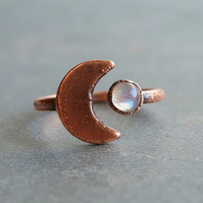 Crescent Moon Moonstone Ring Handcrafted Copper Talisman for Calm