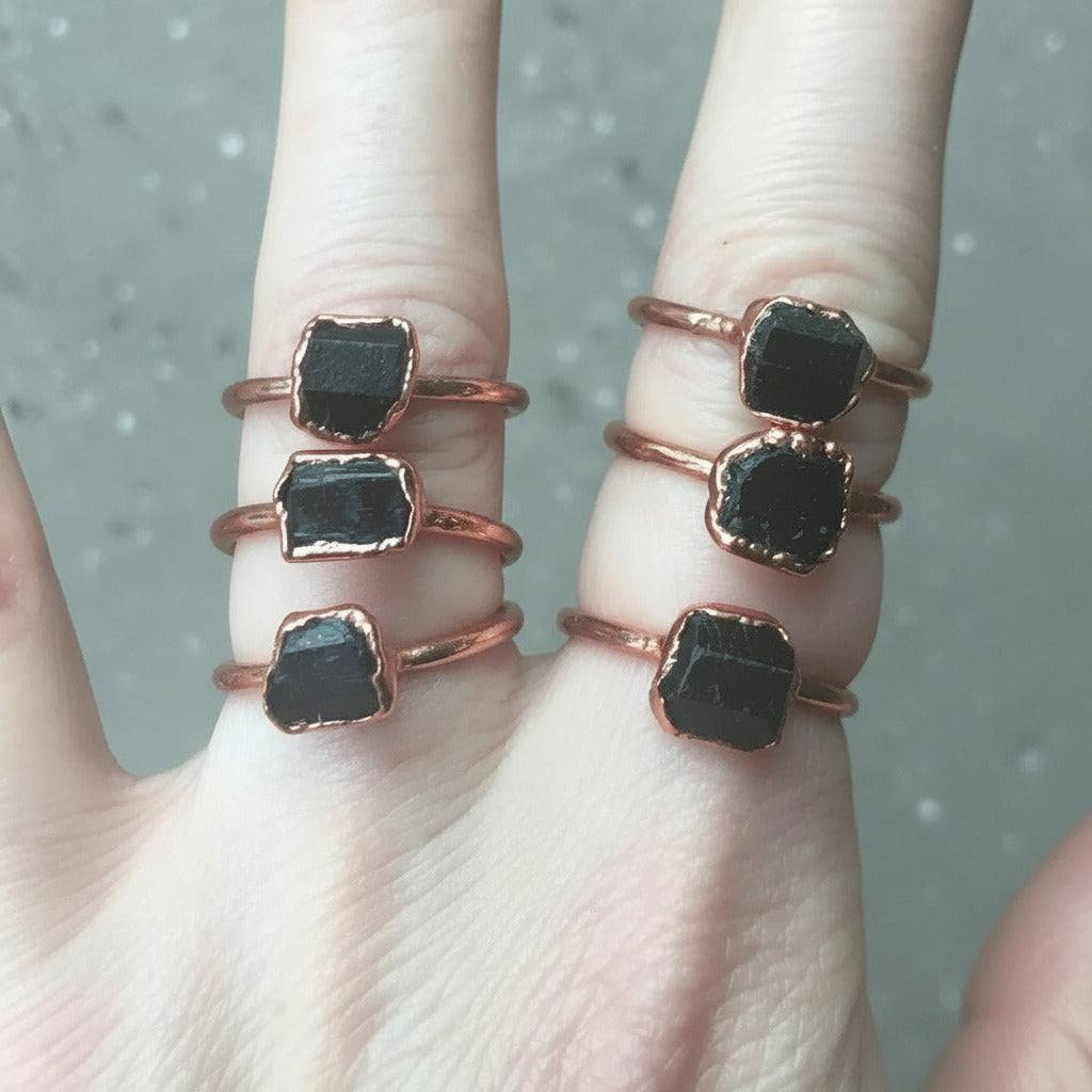 Raw Black Tourmaline Ring - Handcrafted Copper Talisman Grounding Jewelry