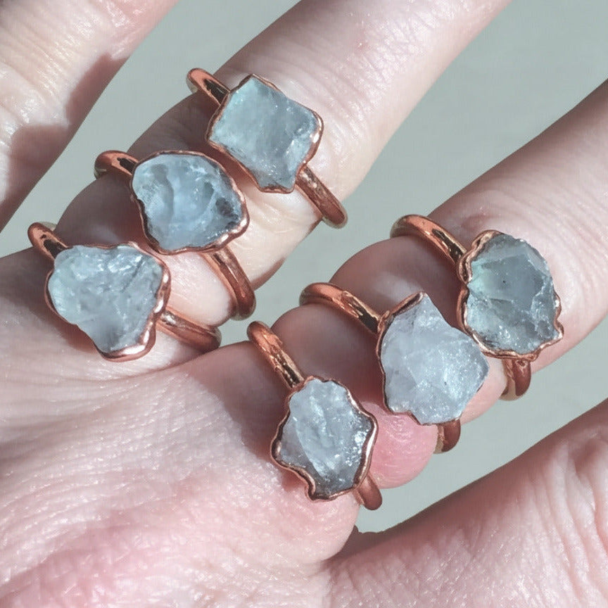 Raw Celestite Ring - Handcrafted Copper Talisman for Calm Clarity