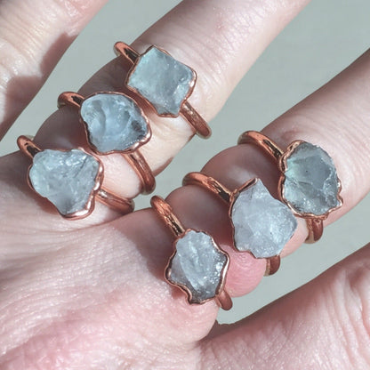 Raw Celestite Ring - Handcrafted Copper Talisman for Calm Clarity
