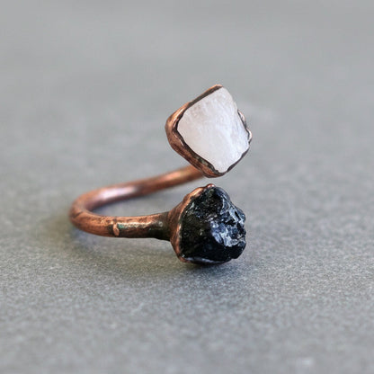 Moonstone and Black Tourmaline Ring - Handcrafted Copper Talisman Jewelry