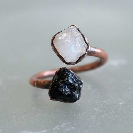 Moonstone and Black Tourmaline Ring - Handcrafted Copper Talisman Jewelry