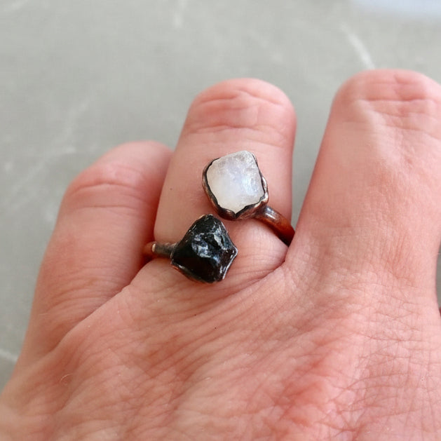 Moonstone and Black Tourmaline Ring - Handcrafted Copper Talisman Jewelry
