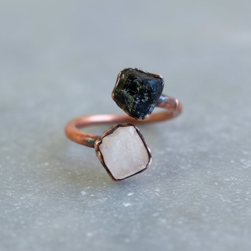 Moonstone and Black Tourmaline Ring - Handcrafted Copper Talisman Jewelry