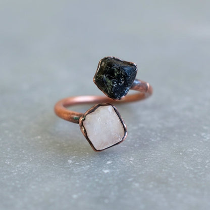 Moonstone and Black Tourmaline Ring - Handcrafted Copper Talisman Jewelry