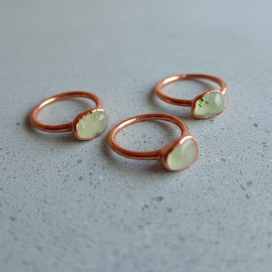 Radiant Prehnite Crystal Ring — Handcrafted Copper Talisman