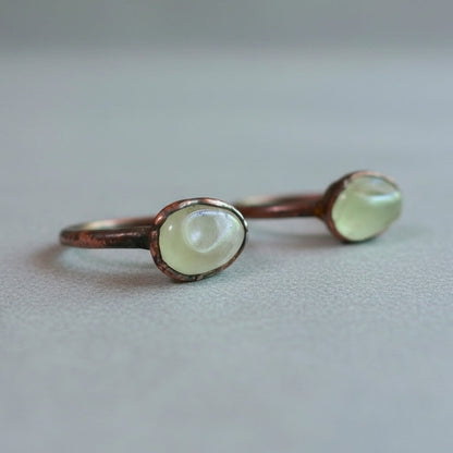 Radiant Prehnite Crystal Ring — Handcrafted Copper Talisman