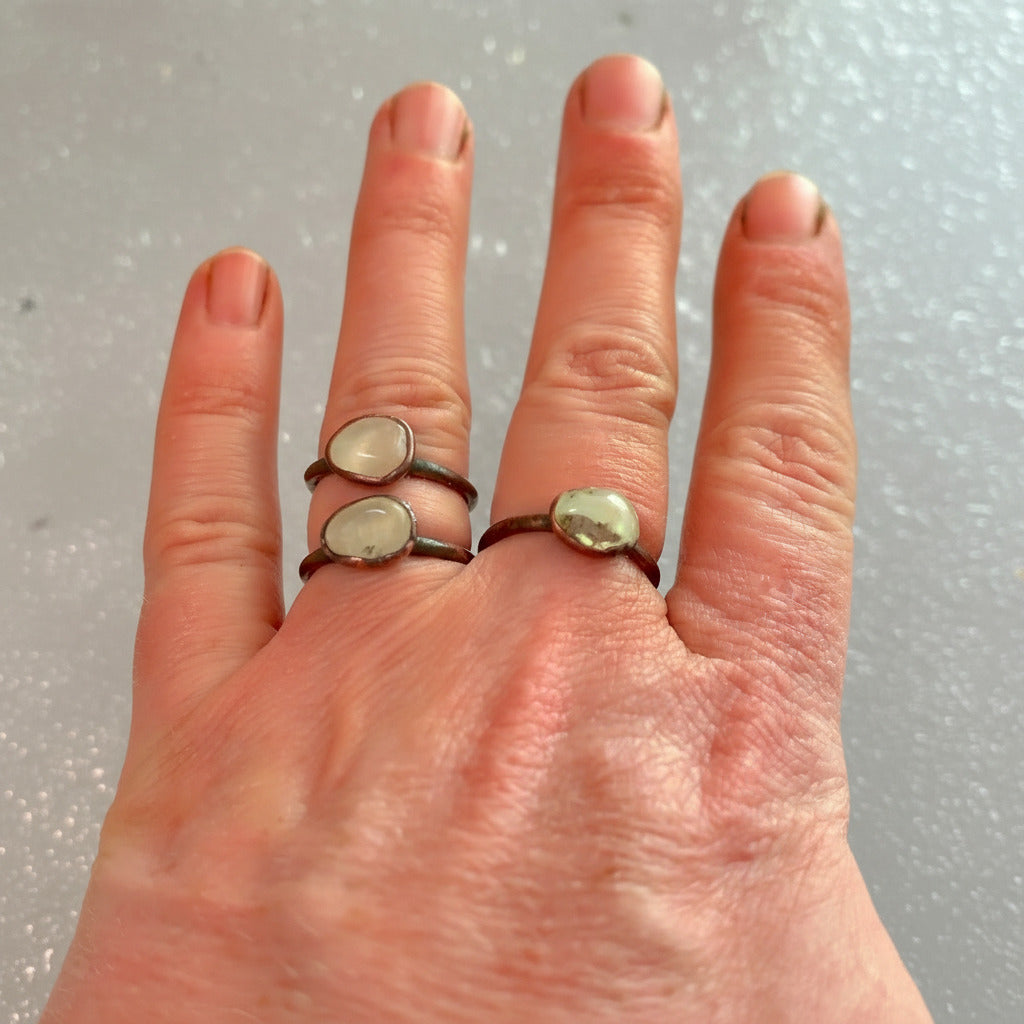Radiant Prehnite Crystal Ring — Handcrafted Copper Talisman
