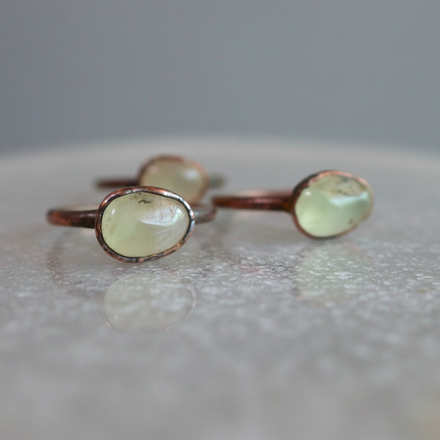 Radiant Prehnite Crystal Ring — Handcrafted Copper Talisman