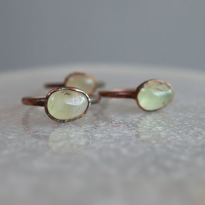 Radiant Prehnite Crystal Ring — Handcrafted Copper Talisman