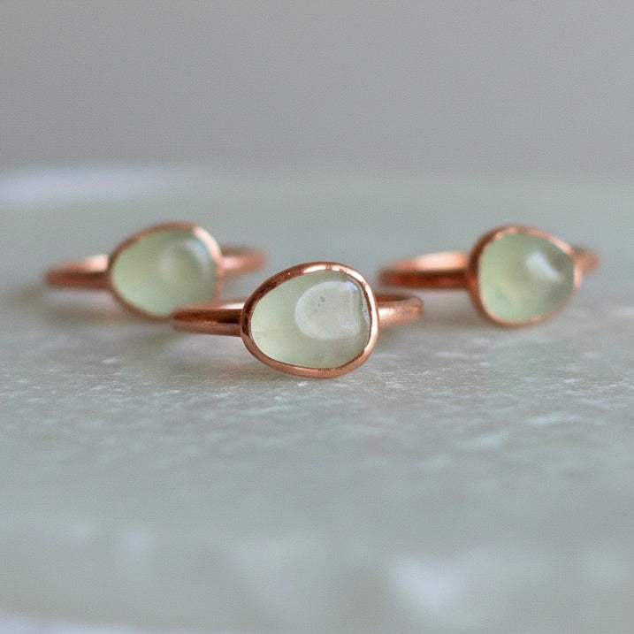 Radiant Prehnite Crystal Ring — Handcrafted Copper Talisman