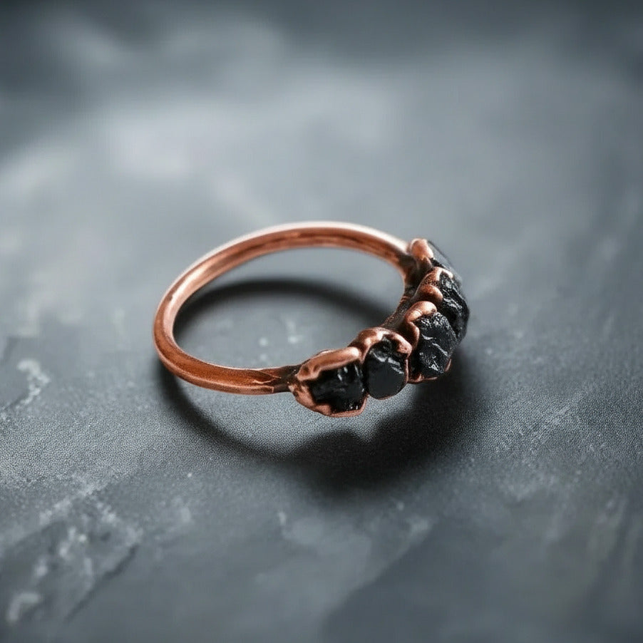 Black Tourmaline Multistone Ring — Handcrafted Copper Talisman For Grounded Spirit