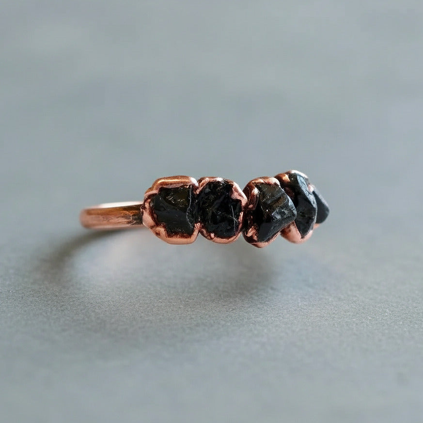 Black Tourmaline Multistone Ring — Handcrafted Copper Talisman For Grounded Spirit