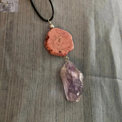 Amethyst and Jasper Pendant Necklace on Leather Cord