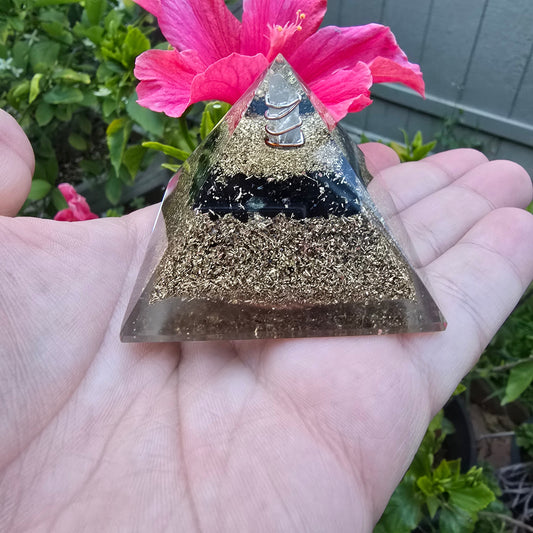Mini Orgone Brass and Copper Black tourmaline Protection Pyramid
